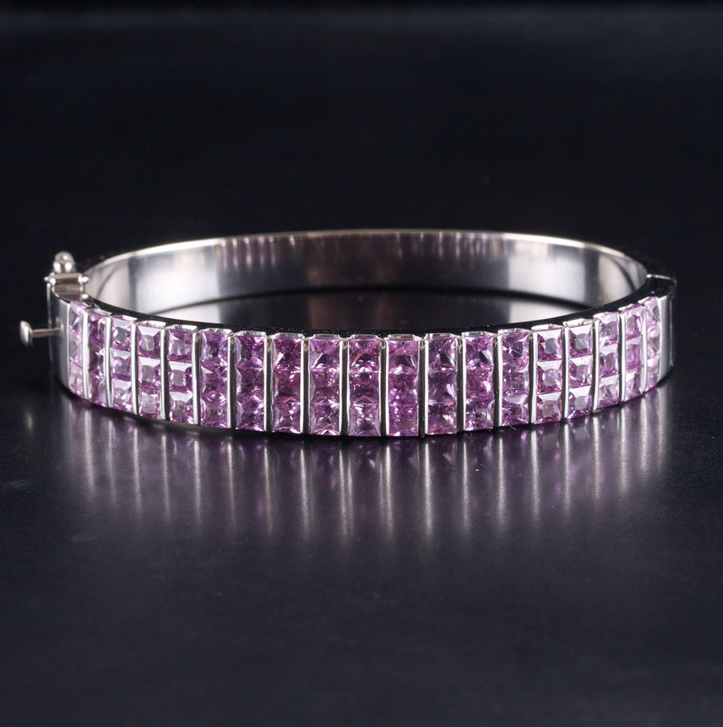 14k White Gold Princess Pink Sapphire Hinged Bangle Bracelet 12.54ctw 37.0g