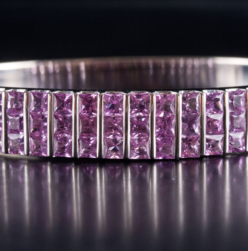 14k White Gold Princess Pink Sapphire Hinged Bangle Bracelet 12.54ctw 37.0g