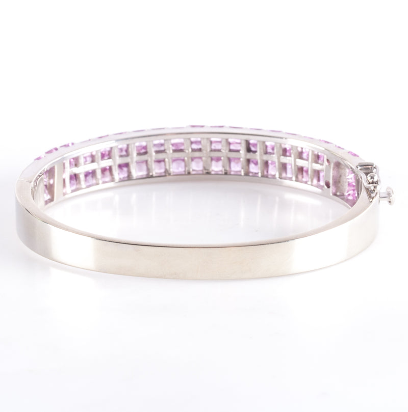 14k White Gold Princess Pink Sapphire Hinged Bangle Bracelet 12.54ctw 37.0g