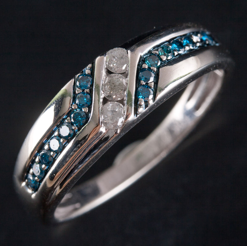 10k White Gold Round Diamond & Blue Diamond Ring .42ctw 4.45g