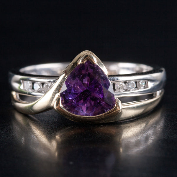 10k Yellow White Gold Trillion Amethyst Solitaire Ring W/ Dia Accents 1.08ctw