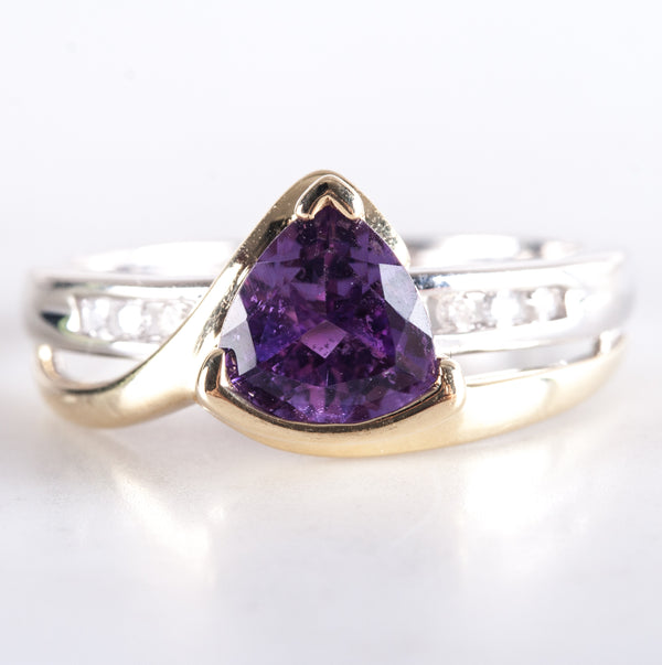 10k Yellow White Gold Trillion Amethyst Solitaire Ring W/ Dia Accents 1.08ctw