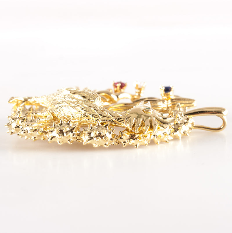 18k Yellow Gold Sapphire Ruby Diamond Emerald Roadrunner Pendant .46ctw 35.75g