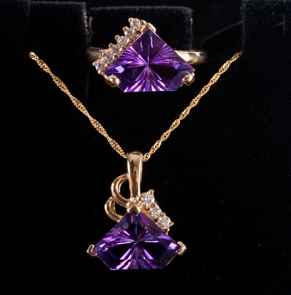 14k Yellow Gold Amethyst Diamond Necklace Ring Set 11.165ctw 9.20g