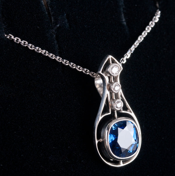 14k White Gold Kashmir Sapphire & Diamond Necklace W/ 18" Chain 2.71ctw 4.42g