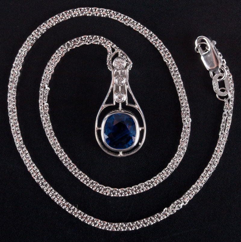 14k White Gold Kashmir Sapphire & Diamond Necklace W/ 18" Chain 2.71ctw 4.42g