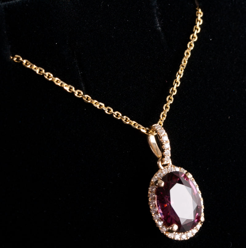 14k Yellow Gold Oval Rubellite Tourmaline Diamond Halo Necklace 1.915ctw 2.90g