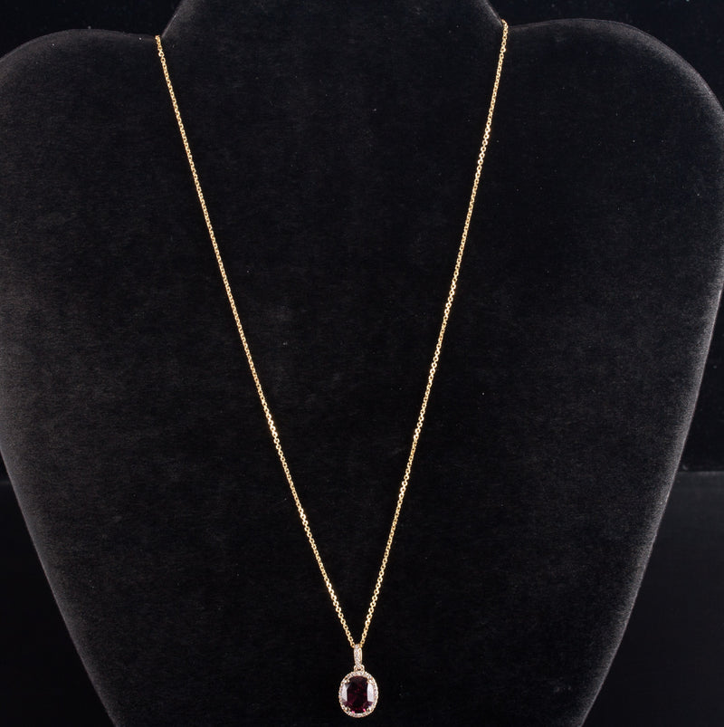 14k Yellow Gold Oval Rubellite Tourmaline Diamond Halo Necklace 1.915ctw 2.90g