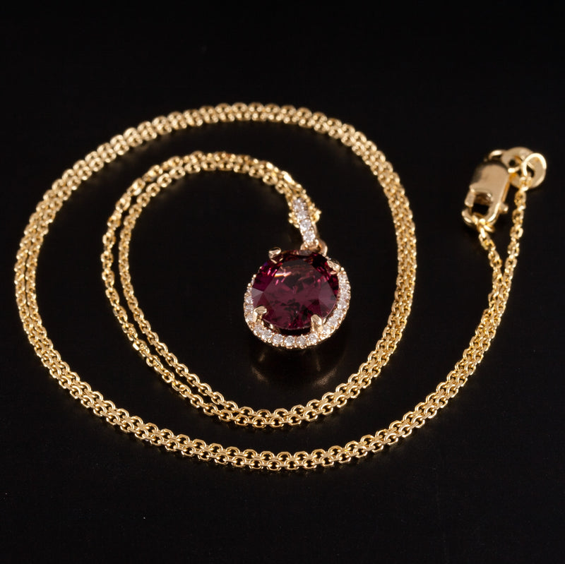 14k Yellow Gold Oval Rubellite Tourmaline Diamond Halo Necklace 1.915ctw 2.90g