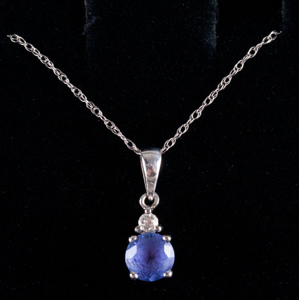 14k / 10k White Gold Round Tanzanite Diamond Necklace W/ 18" Chain .89ctw 1.57g