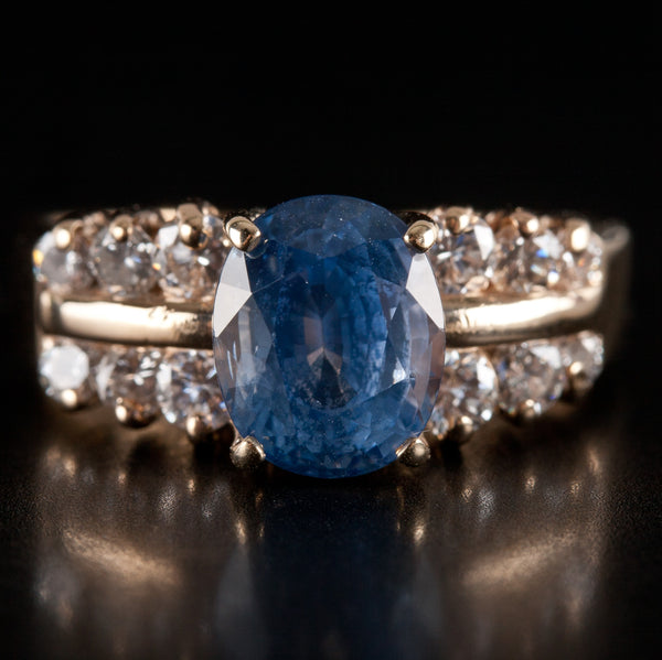 14k Yellow Gold Oval Sapphire Round Diamond Cocktail Ring 2.45ctw 4.18g