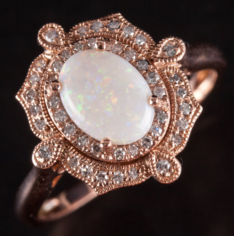 14k Rose Gold Oval Cabochon Opal Diamond Halo Style Ring .86ctw 3.34g