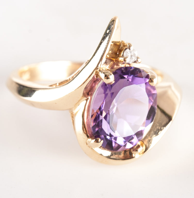 14k Yellow Gold Oval Amethyst Solitaire Ring W/ Diamond Accent 2.48ctw 4.02g