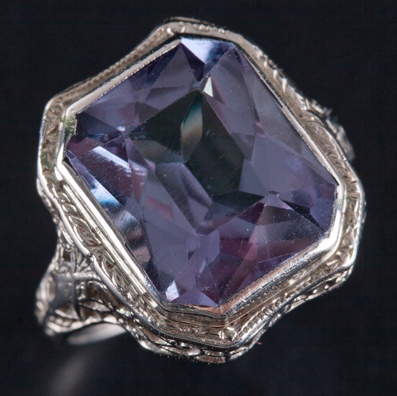 14k White Gold Lab-Created Alexandrite Solitaire Ring W/ Vintage Mounting 6.42ct