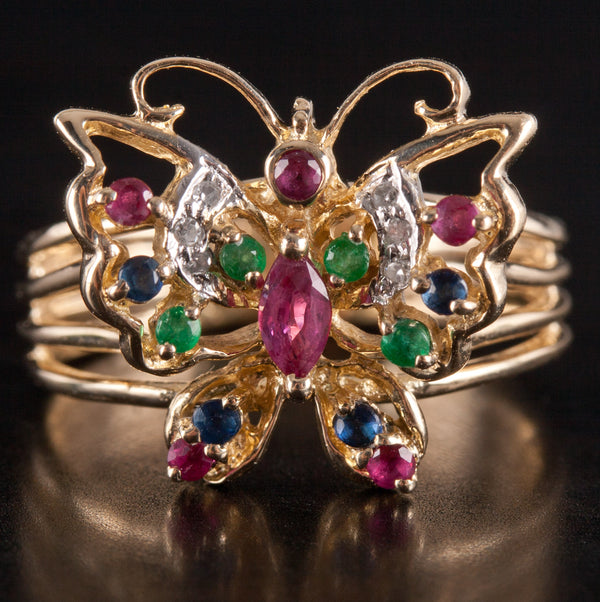 14k Yellow Gold Ruby Emerald Sapphire Diamond Butterfly Style Ring .42ctw 3.89g