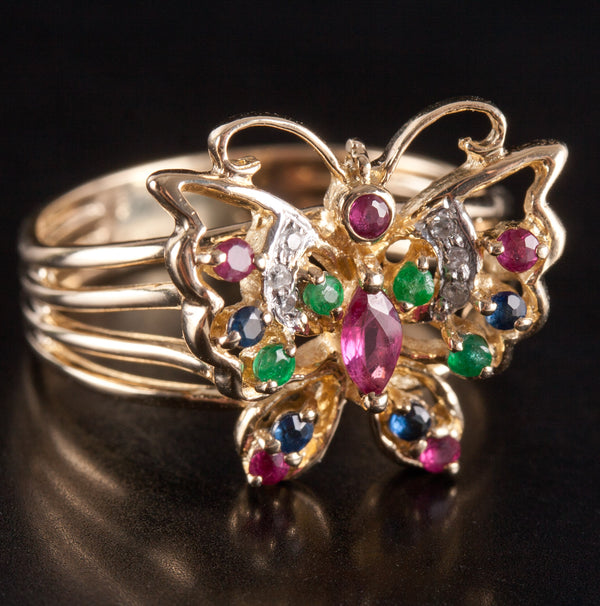 14k Yellow Gold Ruby Emerald Sapphire Diamond Butterfly Style Ring .42ctw 3.89g