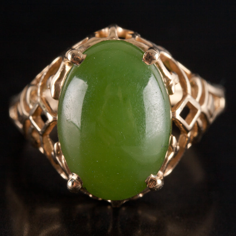 14k Yellow Gold Oval Cabochon Jade Solitaire Cocktail Ring 4.6g