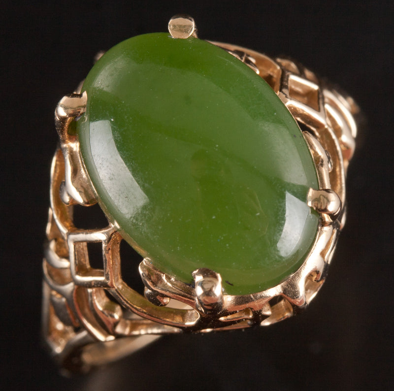 14k Yellow Gold Oval Cabochon Jade Solitaire Cocktail Ring 4.6g