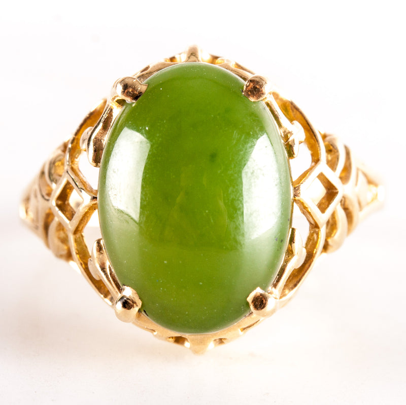 14k Yellow Gold Oval Cabochon Jade Solitaire Cocktail Ring 4.6g