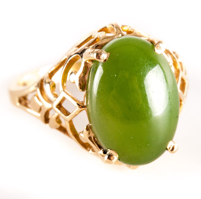 14k Yellow Gold Oval Cabochon Jade Solitaire Cocktail Ring 4.6g