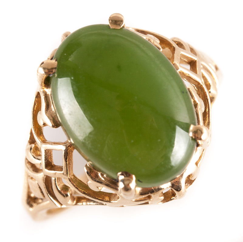 14k Yellow Gold Oval Cabochon Jade Solitaire Cocktail Ring 4.6g