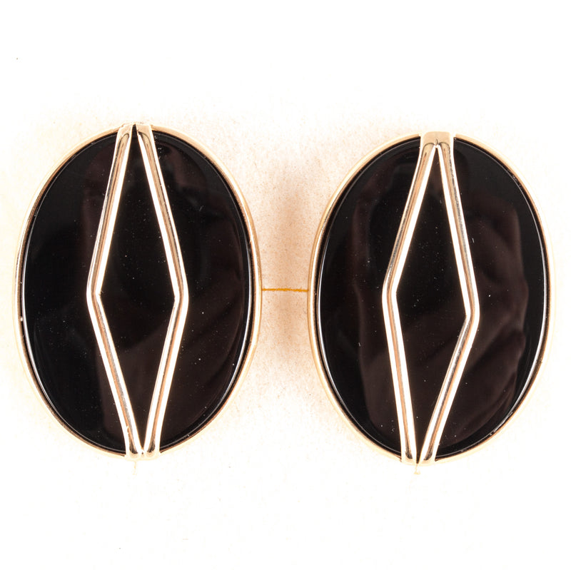 14k Yellow Gold Oval Cabochon Onyx Solitaire Stud Earrings W/ Butterfly Backs