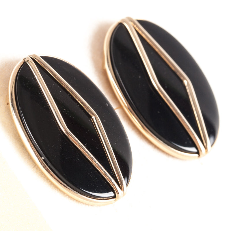 14k Yellow Gold Oval Cabochon Onyx Solitaire Stud Earrings W/ Butterfly Backs