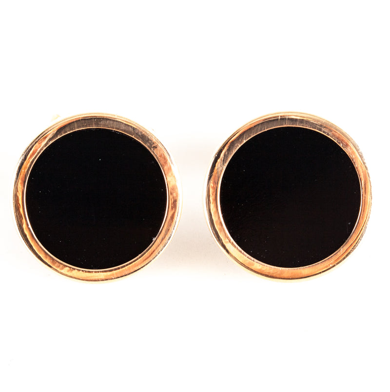 14k Yellow Gold Round Inlay Onyx Solitaire Stud Earrings W/ Butterfly Backs