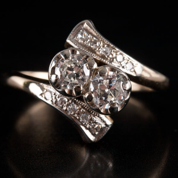 Vintage 1940's 14k Yellow White Gold Diamond Two-Stone Engagement Ring .54ctw