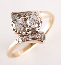 Vintage 1940's 14k Yellow White Gold Diamond Two-Stone Engagement Ring .54ctw