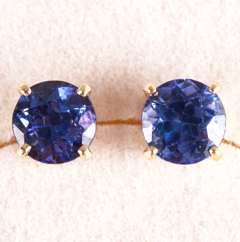 14k Yellow Gold Round Tanzanite Solitaire Stud Earrings 1.22ctw 1.55g