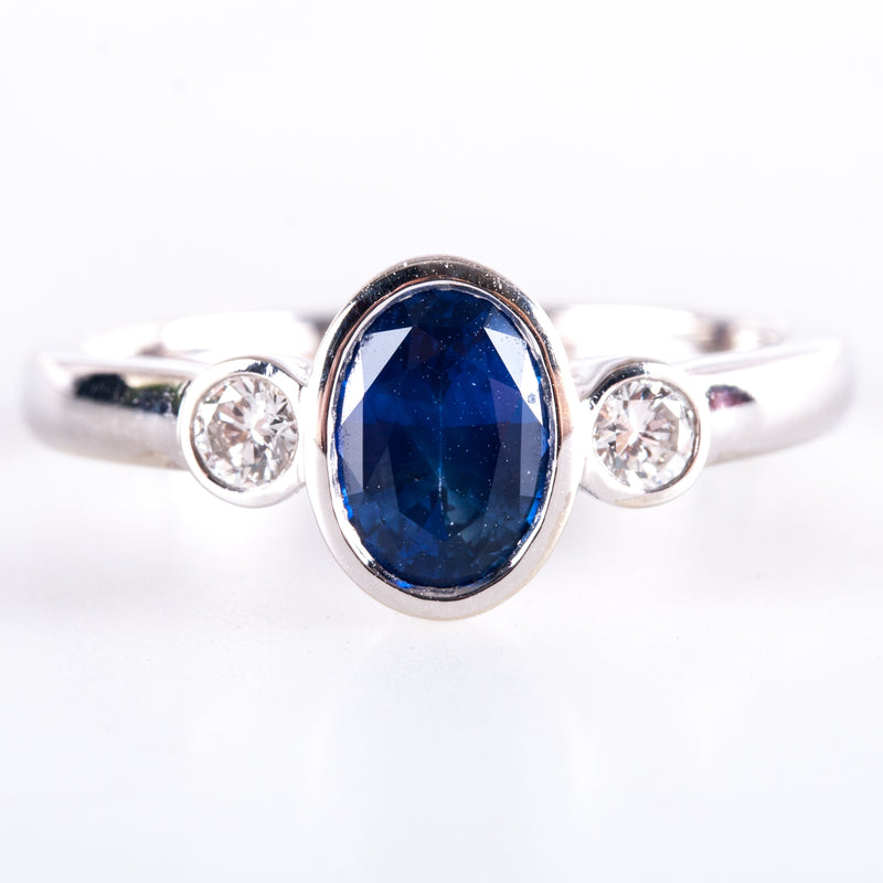 14k White Gold Oval Sapphire Round Diamond Three-Stone Style Ring 1.13ctw 3.15g