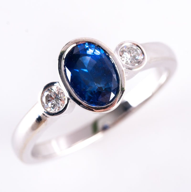 14k White Gold Oval Sapphire Round Diamond Three-Stone Style Ring 1.13ctw 3.15g