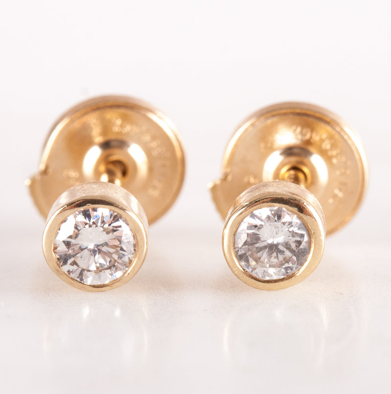 14k Yellow Gold Round H SI2 Diamond Solitaire Stud Bezel Set Earrings .20ctw