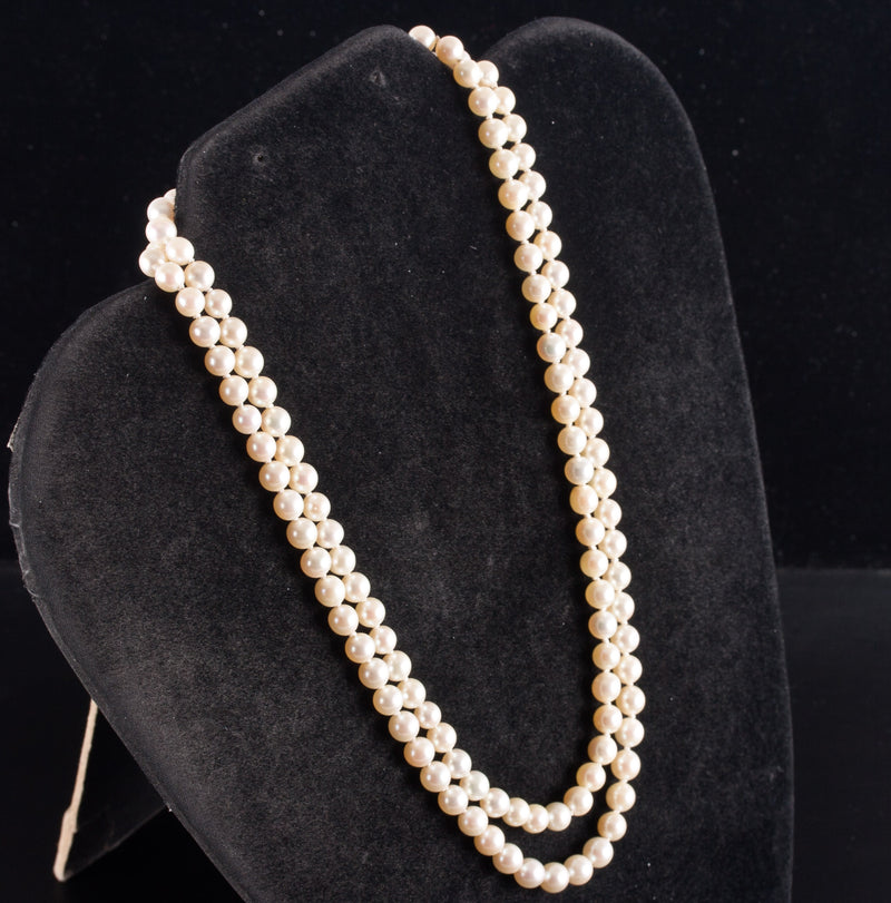 Vintage 1950s Double Stranded Pearl Necklace W/ 14k Yellow Gold Ruby Clasp 32.5g