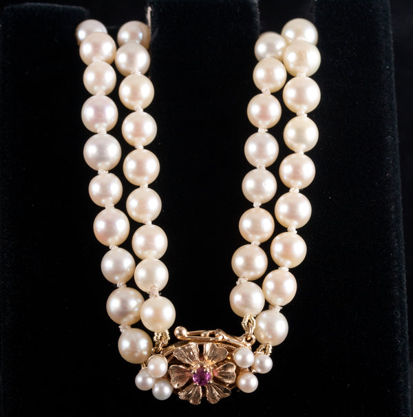 Vintage 1950s Double Stranded Pearl Necklace W/ 14k Yellow Gold Ruby Clasp 32.5g