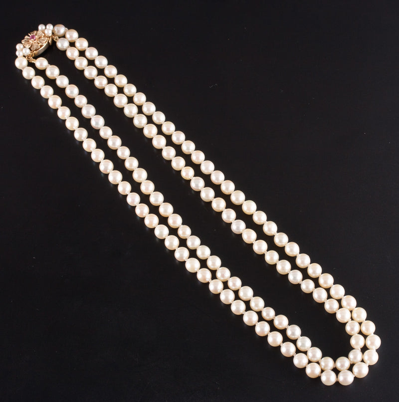 Vintage 1950s Double Stranded Pearl Necklace W/ 14k Yellow Gold Ruby Clasp 32.5g