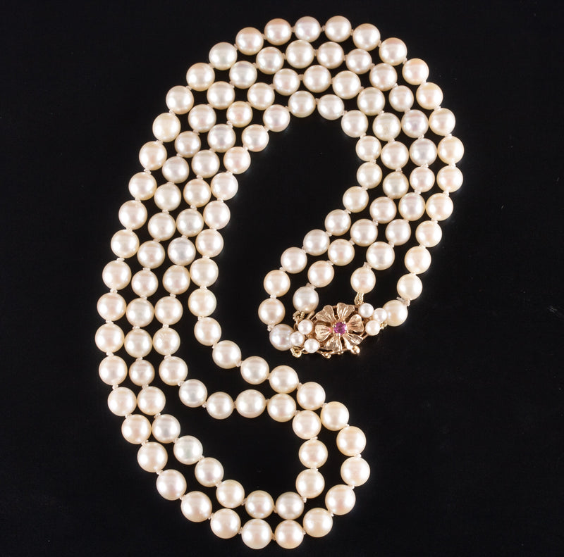 Vintage 1950s Double Stranded Pearl Necklace W/ 14k Yellow Gold Ruby Clasp 32.5g