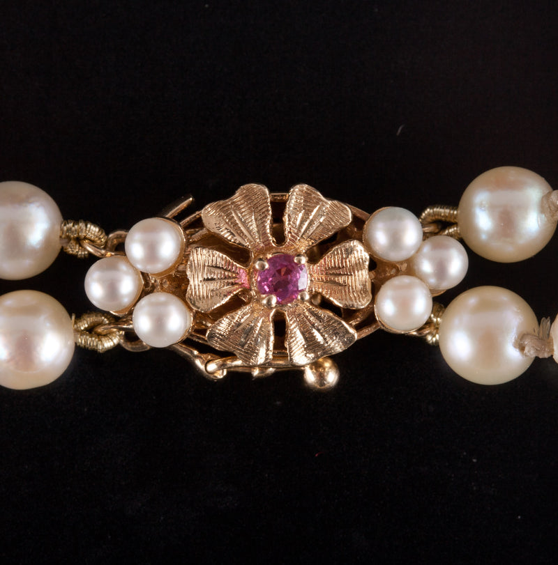 Vintage 1950s Double Stranded Pearl Necklace W/ 14k Yellow Gold Ruby Clasp 32.5g