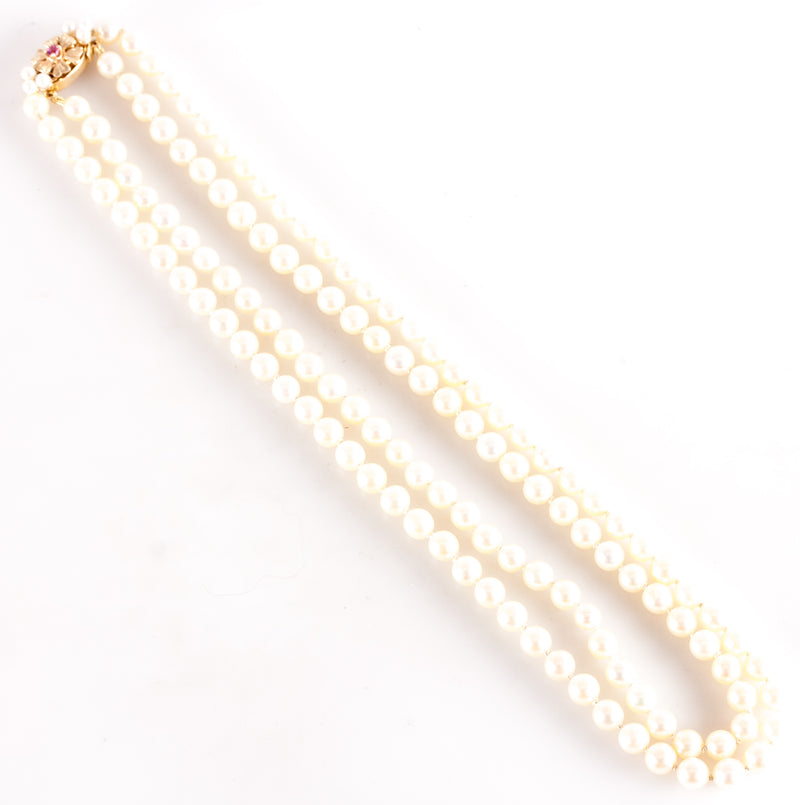 Vintage 1950s Double Stranded Pearl Necklace W/ 14k Yellow Gold Ruby Clasp 32.5g