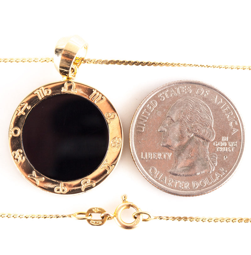 14k Yellow Gold Inlay Onyx Zodiac Style Pendant Necklace W/ 16" Chain 8.95g