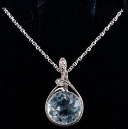 14k White Gold Round Aquamarine Diamond Necklace W/ 18" Chain 3.01ctw 3.48g