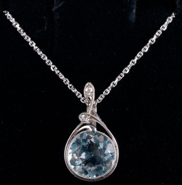 14k White Gold Round Aquamarine Diamond Necklace W/ 18" Chain 3.01ctw 3.48g