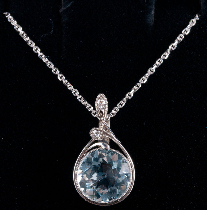 14k White Gold Round Aquamarine Diamond Necklace W/ 18" Chain 3.01ctw 3.48g