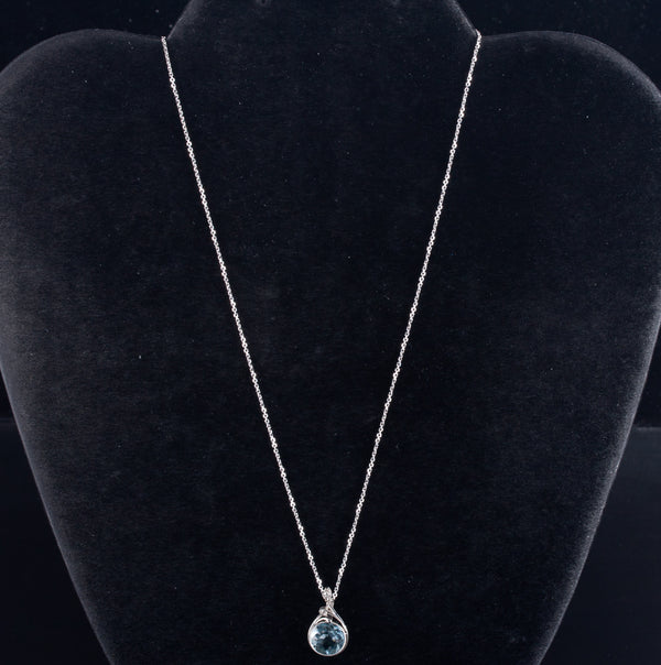 14k White Gold Round Aquamarine Diamond Necklace W/ 18" Chain 3.01ctw 3.48g