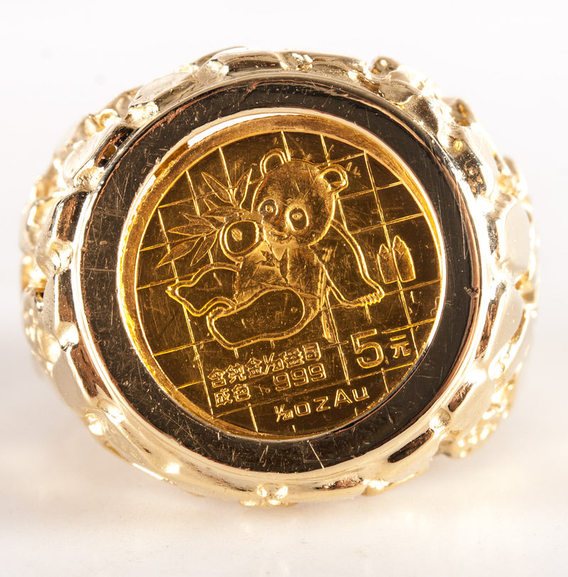 14k Yellow Gold 1989 5 Yuan 1/20th Oz Gold Panda .999% Gold Coin Ring 10.1g