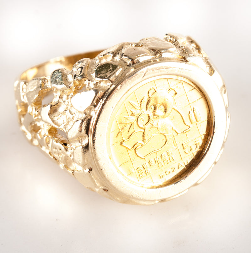 14k Yellow Gold 1989 5 Yuan 1/20th Oz Gold Panda .999% Gold Coin Ring 10.1g