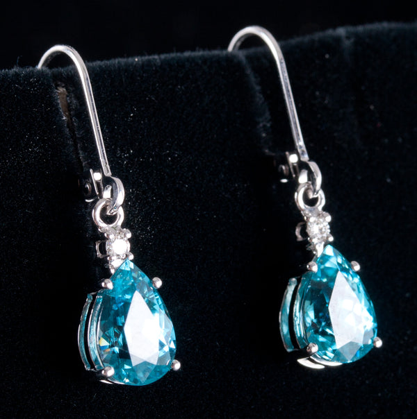 14k White Gold Pear Blue Zircon Diamond Dangle Earrings W/ Leverbacks 5.36ctw