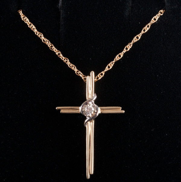 10k Yellow White Gold Round H SI2 Diamond Cross Necklace W/ 18" Chain .04ct 2.5g