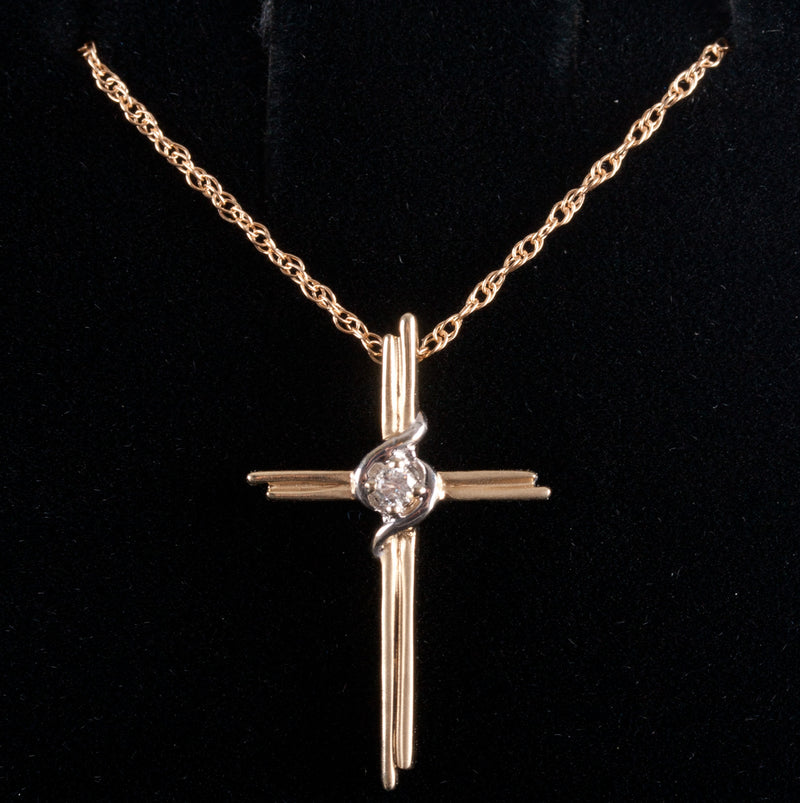 10k Yellow White Gold Round H SI2 Diamond Cross Necklace W/ 18" Chain .04ct 2.5g